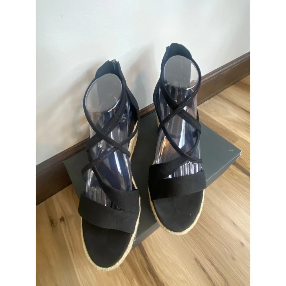 Eileen Fisher Wanda Black Nubuck Espadrille Wedge Sandals Womens 10 WANDA-NB